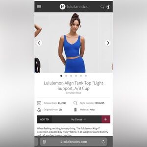 NWT Lululemon Align Tank Top *Light Support, A/B Cup
Cerulean Blue